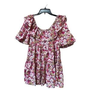 Pink Ditsy Floral Babydoll Dress Off Shoulder Ruffle S